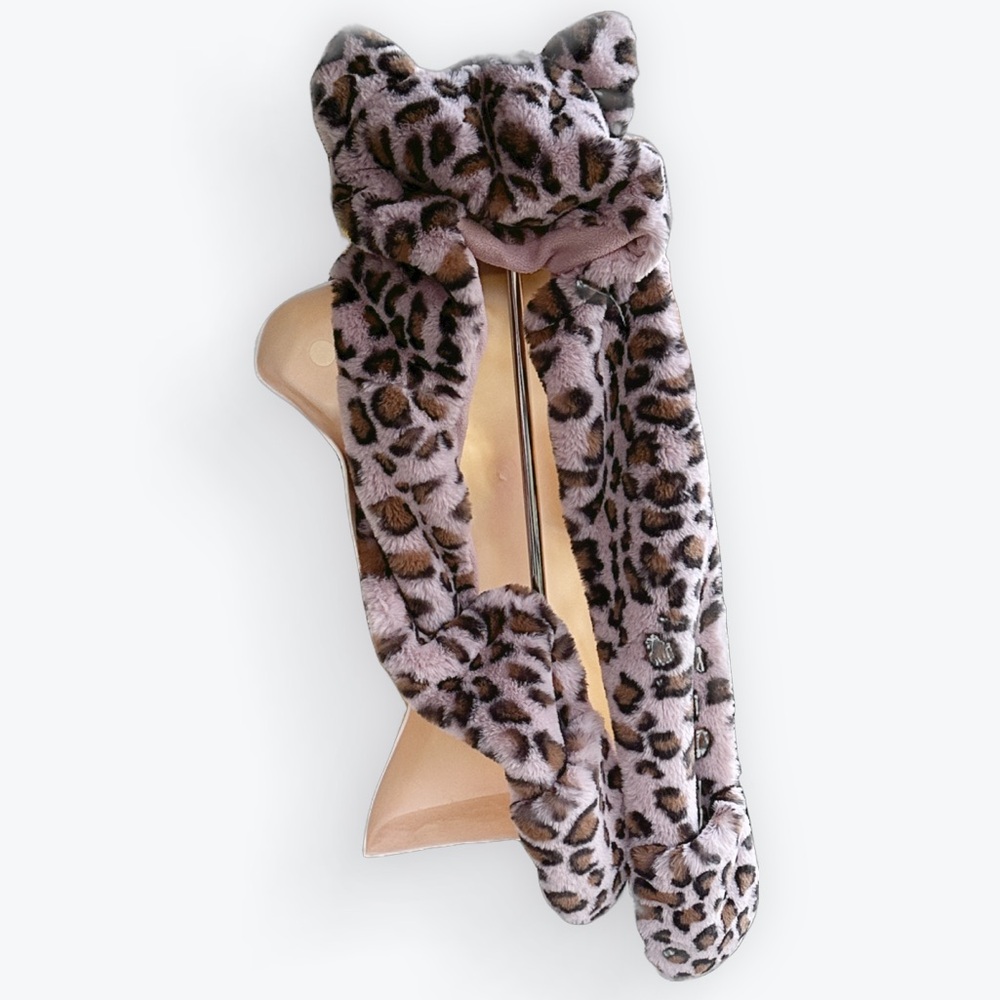 Y2K McBling Kawaii Pink Leopard Fur Cute Ears & Attached Pocket Scarf Hat ~ OS - Picture 3 of 10